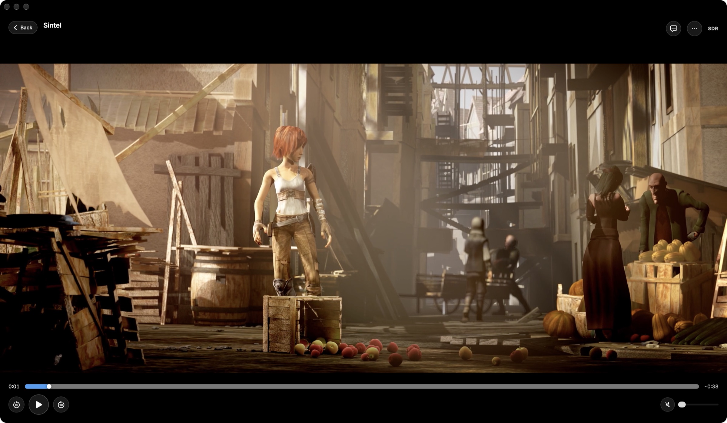 The Marten player on a Mac, showing a street market from the film Sintel, with the timeline and controls below.